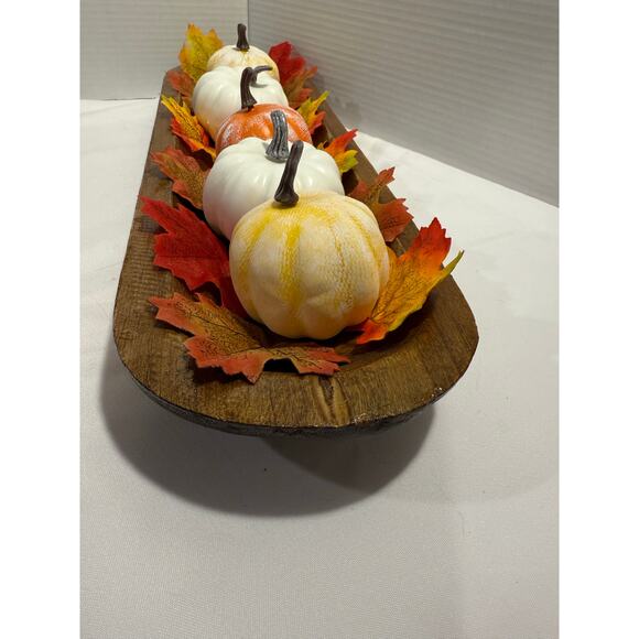 Carved Wooden Dough Bowl Primitive Wood Rustic Fall Decor, Pumpkins, Leaves - Picture 9 of 13